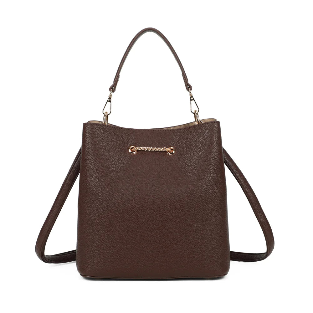 Dos du sac Le Régent café, simili cuir grainé uni et attaches dorées de la poignée amovible – réf. G-7505-1