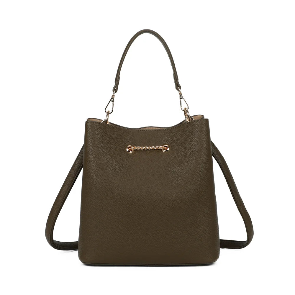Dos du sac Le Régent vert foncé, simili cuir grainé uni et attaches dorées de la poignée amovible – réf. G-7505-1