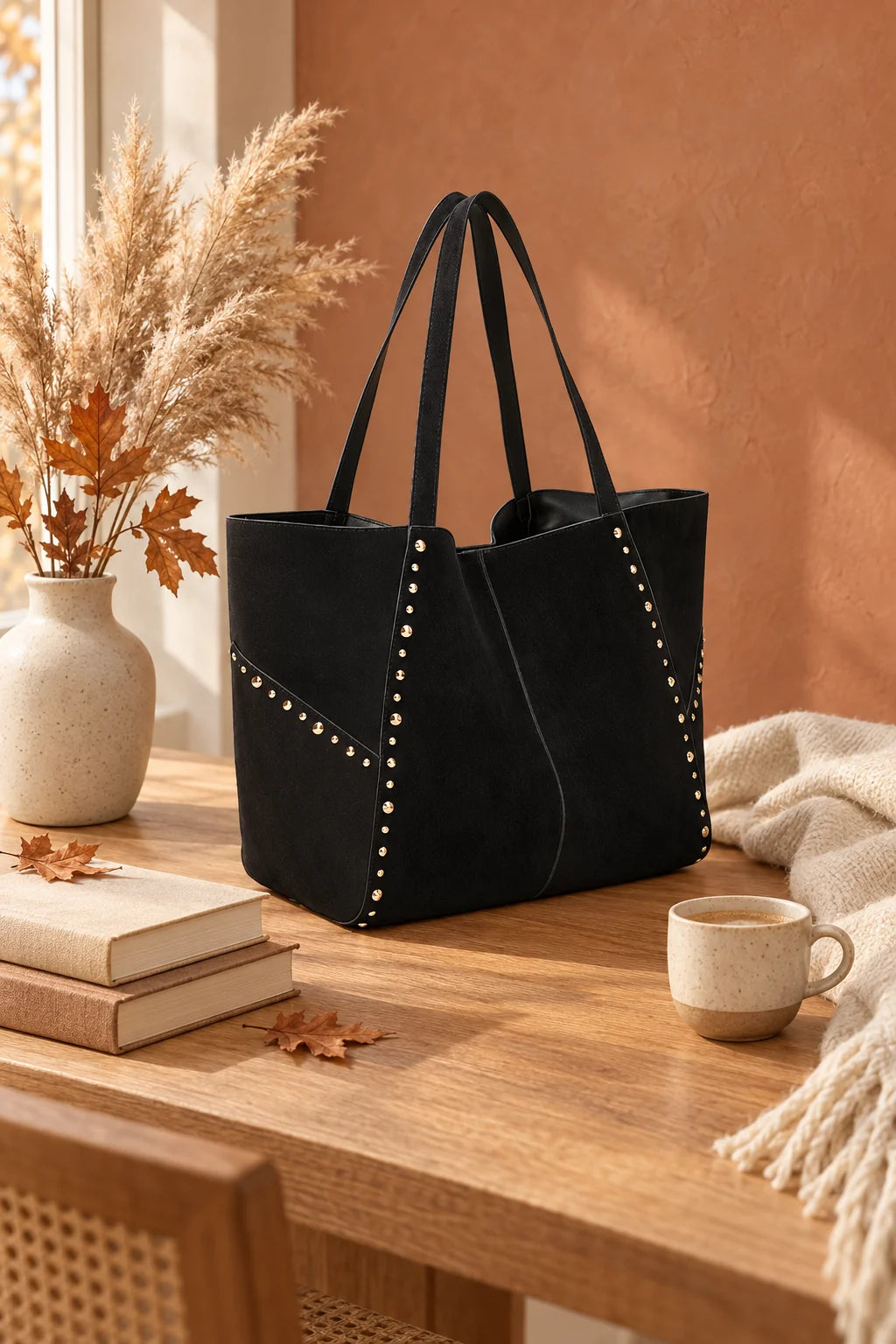 Sac cabas Le Rivana à l’aspect suédé posé dans un décor automnal – visuel d’ambiance créé avec l’IA – Gallantry Paris