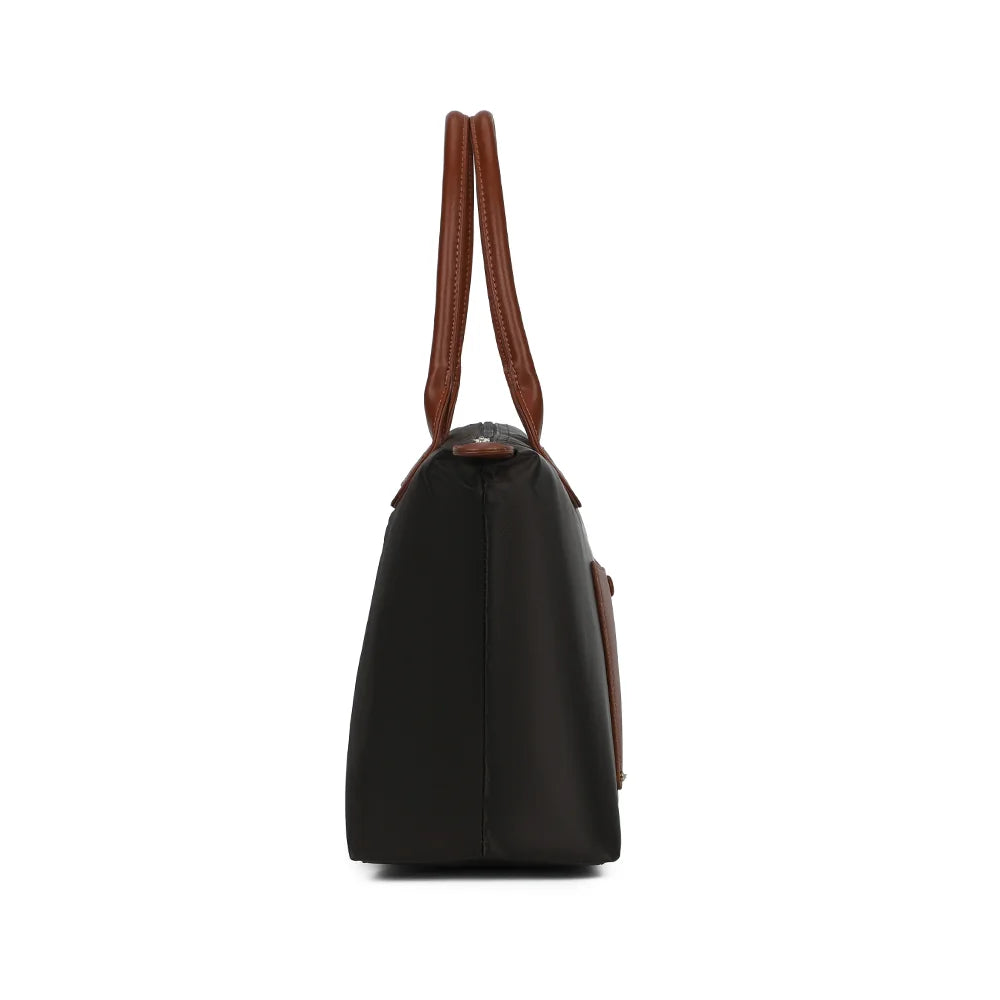 Profil du Roseau café : soufflet de 18 cm de profondeur et zip bordé de pattes marron – réf. Z-02-1