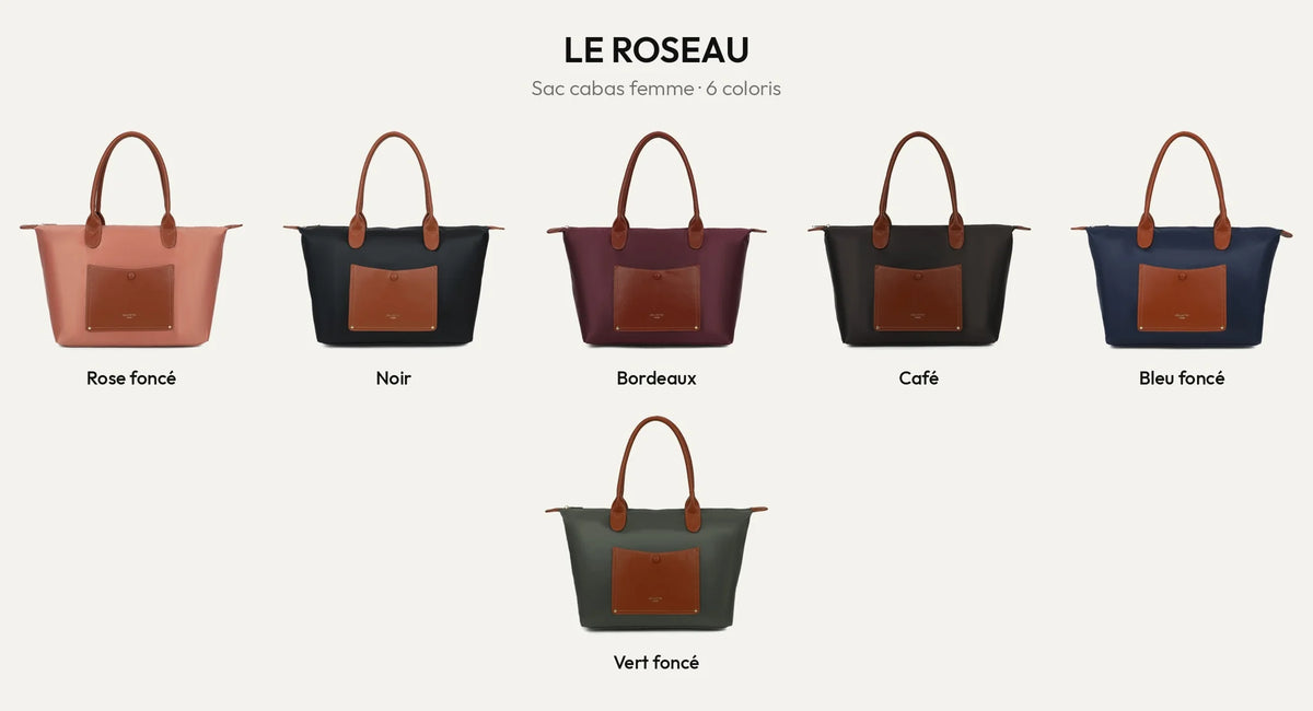 Le Roseau, sac cabas femme zippé en 6 coloris : Rose foncé, Noir, Bordeaux, Coffee, Bleu Foncé, Vert Foncé – Gallantry Paris – réf. Z-02-1