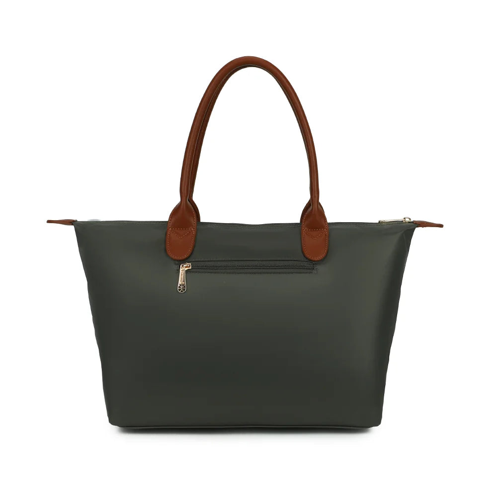 Dos du Roseau vert foncé, tissu synthétique lisse et anses effet cuir marron surpiquées – réf. Z-02-1