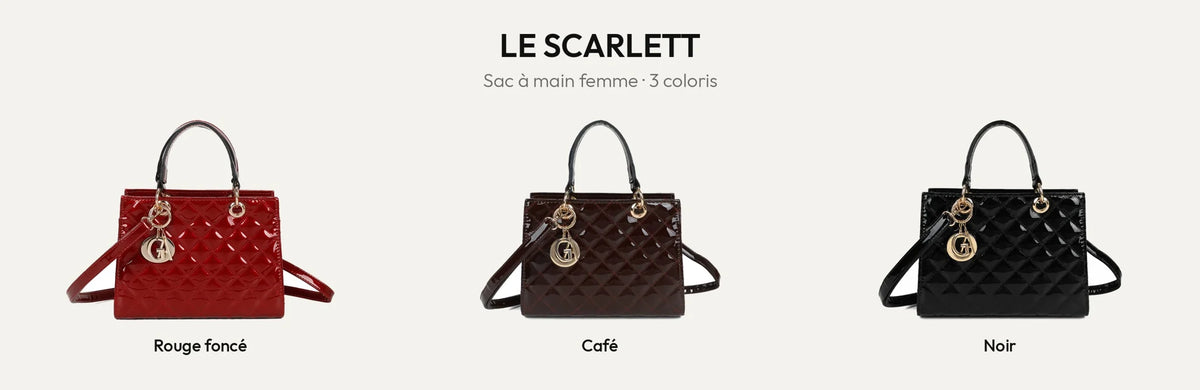 Le Scarlett, sac à main femme matelassé verni, en 3 coloris : Rouge Foncé, Coffee et Noir – Gallantry Paris – réf. C-0169-3
