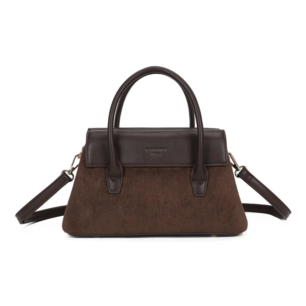 Sac à main femme Le Ségur coffee, façade effet suédine et rabat à plaque logo dorée – Gallantry Paris – réf. A-9189