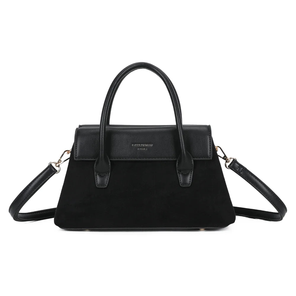 Sac à main femme Le Ségur noir, façade effet suédine et rabat à plaque logo dorée – Gallantry Paris – réf. A-9189