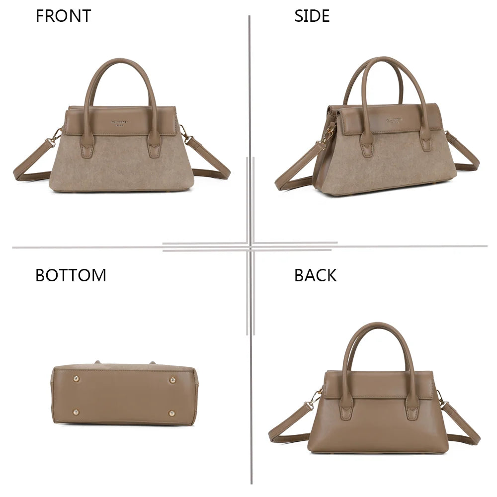 Le Ségur taupe foncé sous quatre angles : face, côté, dessous et dos de ce sac à rabat – réf. A-9189