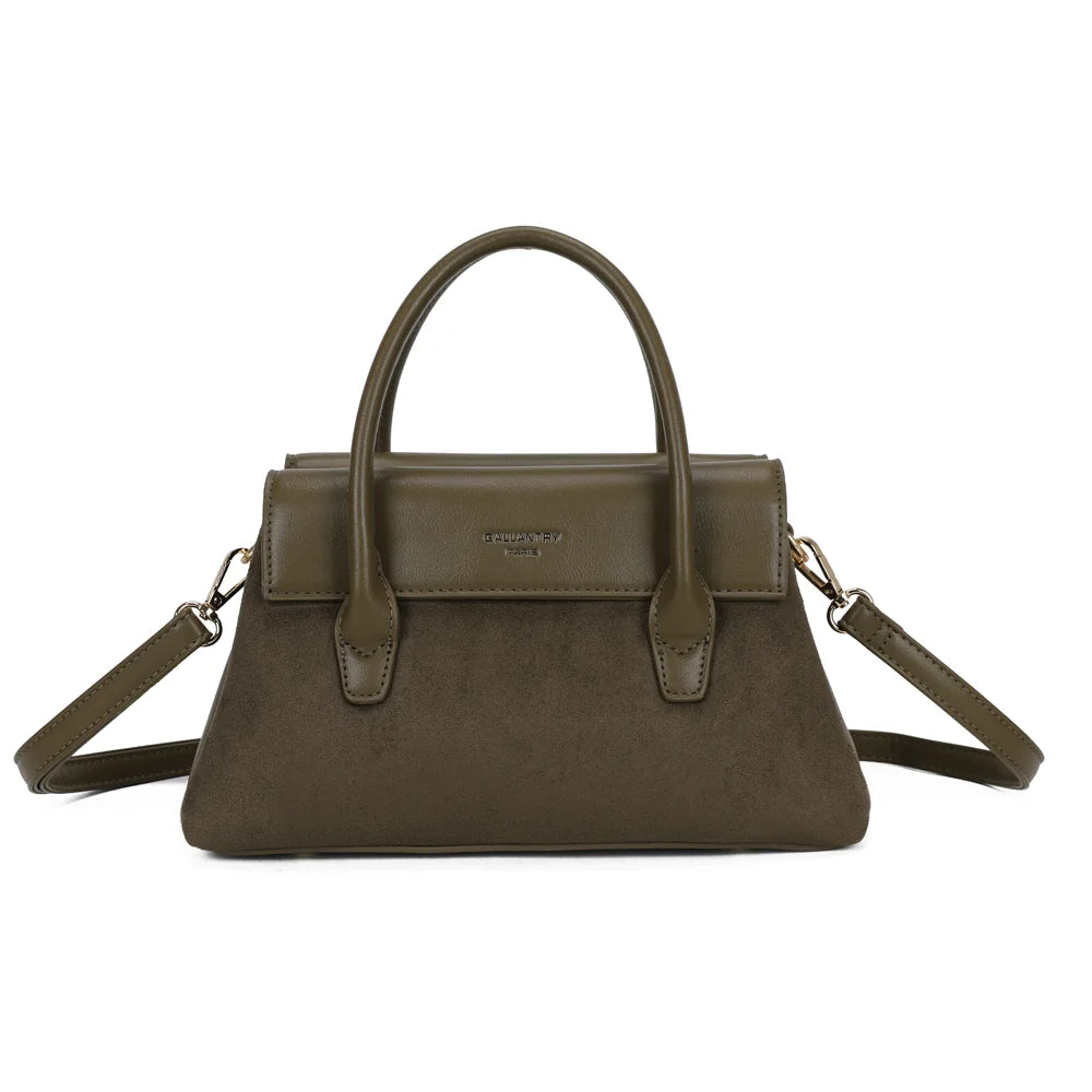 Sac à main femme Le Ségur vert foncé, façade effet suédine et rabat à plaque logo dorée – Gallantry Paris – réf. A-9189