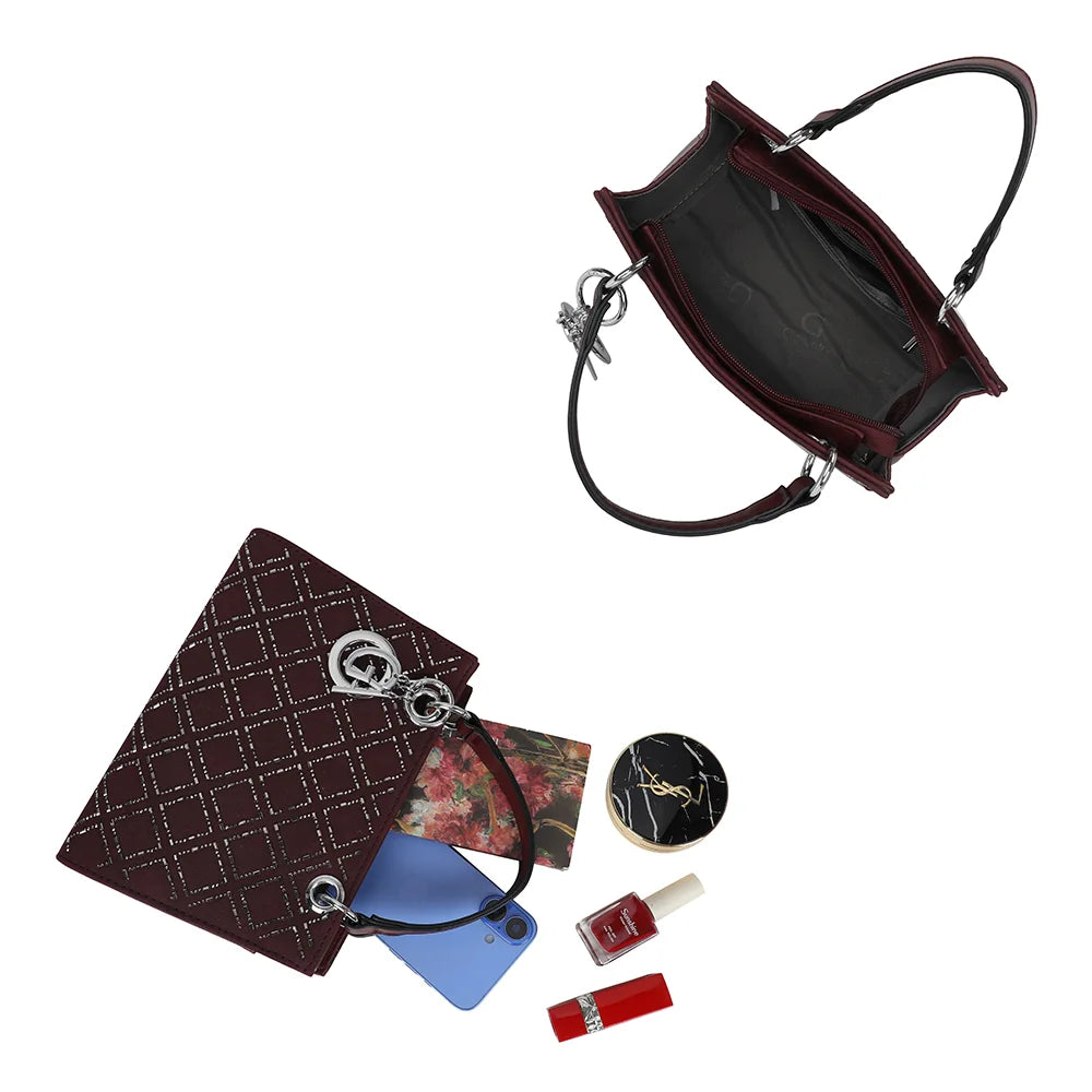 Intérieur du Sélène bordeaux : compartiment principal zippé pour téléphone et essentiels du jour – réf. C-0169-9