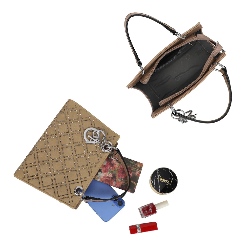 Intérieur du Sélène taupe foncé : compartiment principal zippé pour téléphone et essentiels du jour – réf. C-0169-9