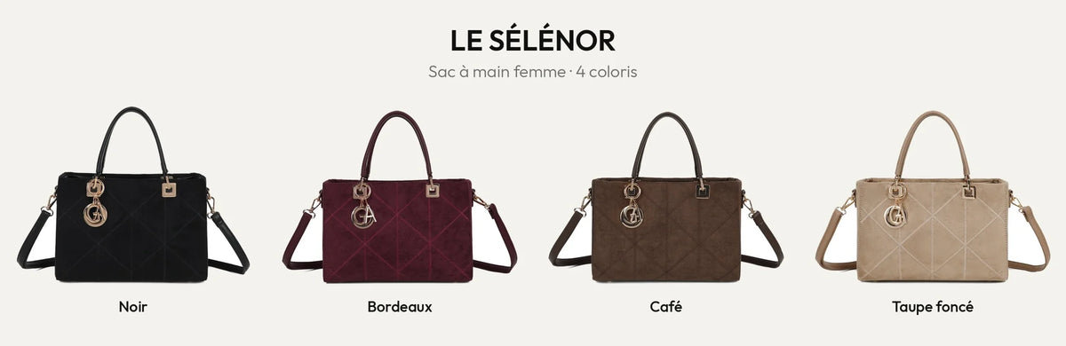 Le Sélénor, sac à main femme à l’aspect velouté, en 4 coloris : Noir, Bordeaux, Coffee et D.TAUPE – Gallantry Paris – réf. DQ-8696-1