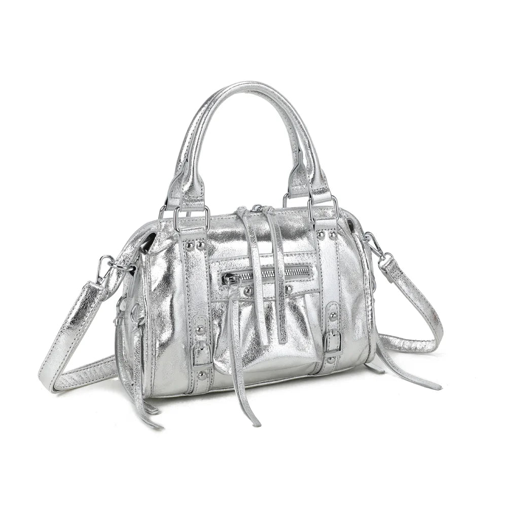 Le Skyla Brillant argent de trois quarts : silhouette arrondie et compacte, boucles et poche zippée – réf. Z-1979-A
