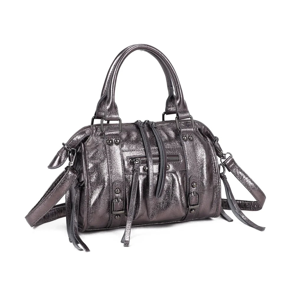 Le Skyla Brillant gris argenté de trois quarts : silhouette arrondie et compacte, boucles et poche zippée – réf. Z-1979-A