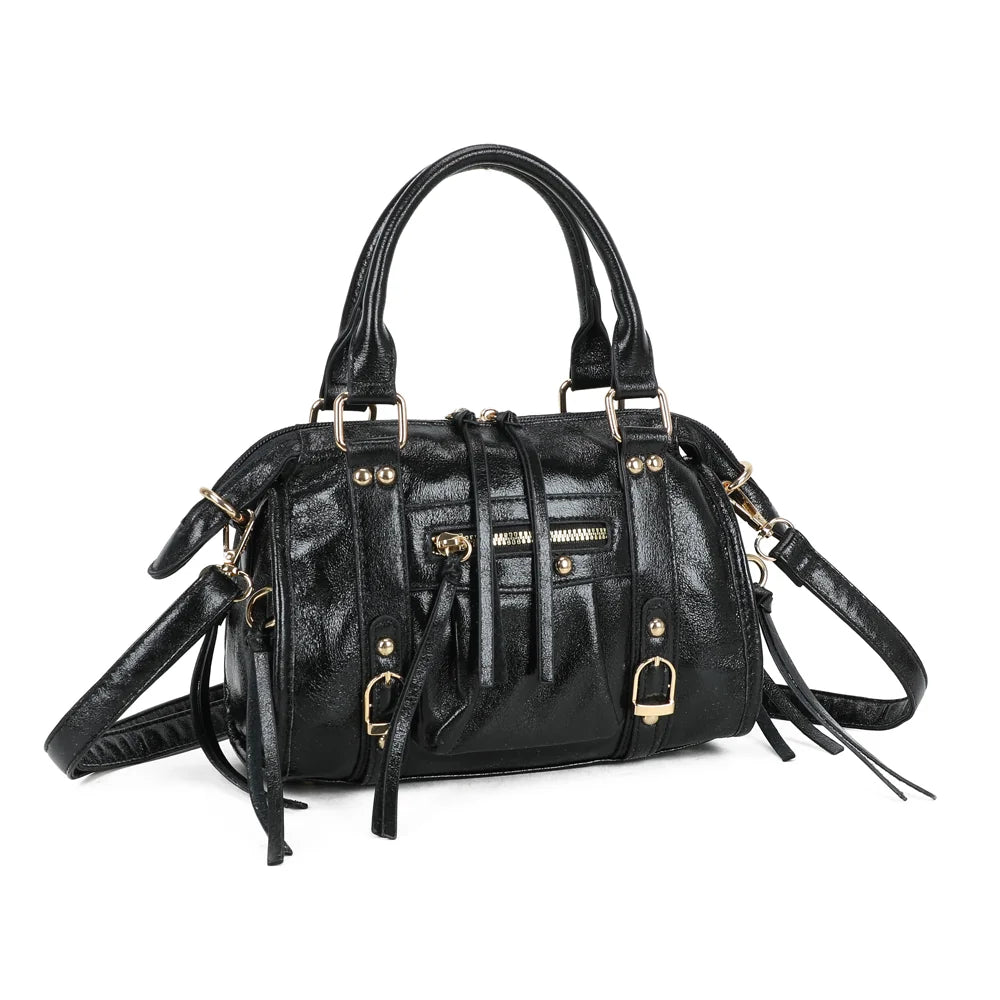 Le Skyla Brillant noir de trois quarts : silhouette arrondie et compacte, boucles et poche zippée – réf. Z-1979-A