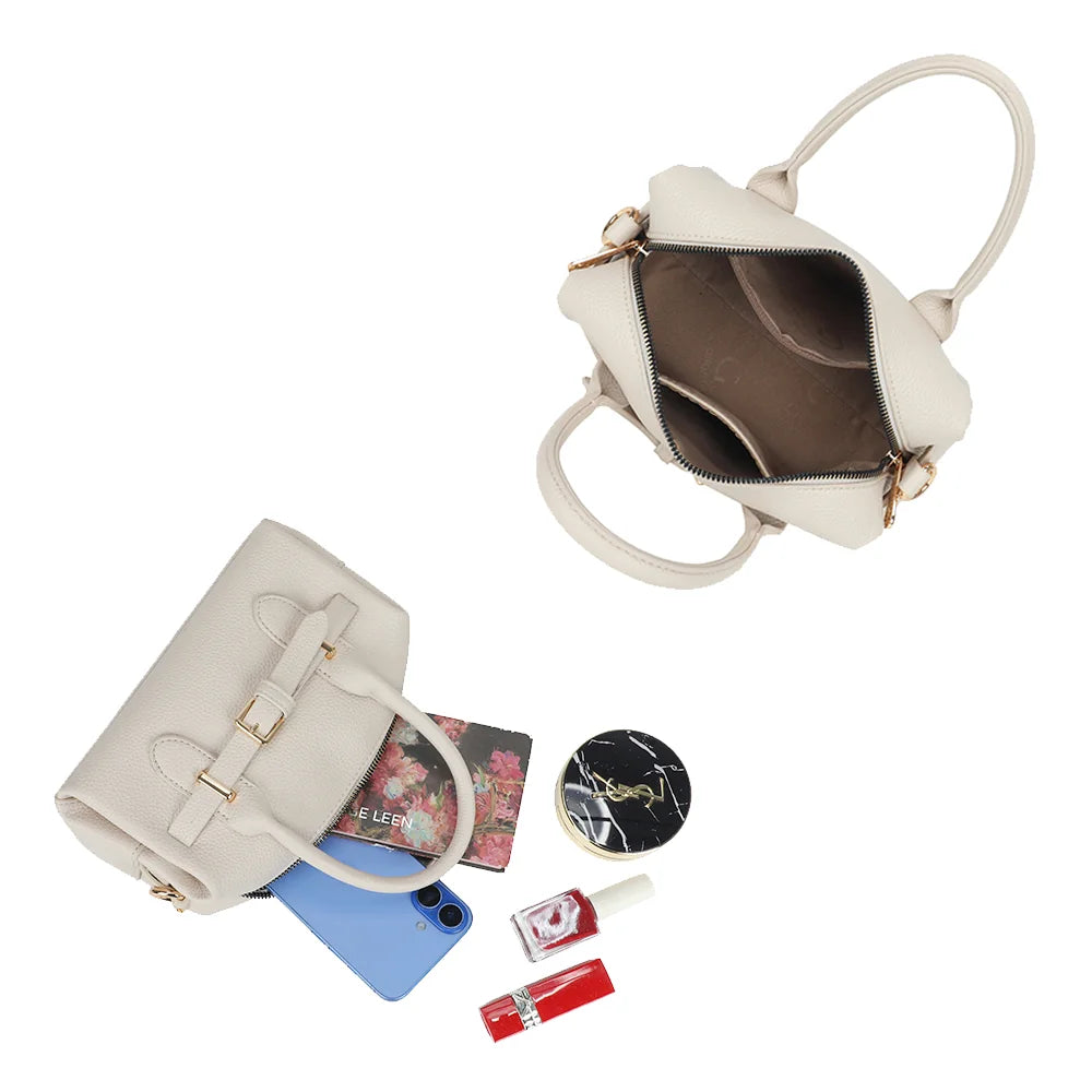 Intérieur du Le Soft Glam beige : compartiment zippé pour téléphone, poudrier et rouge à lèvres – réf. R-2064-1