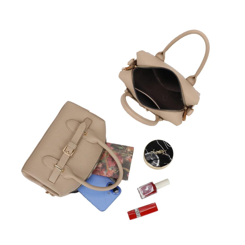 Intérieur du Le Soft Glam taupe : compartiment zippé pour téléphone, poudrier et rouge à lèvres – réf. R-2064-1