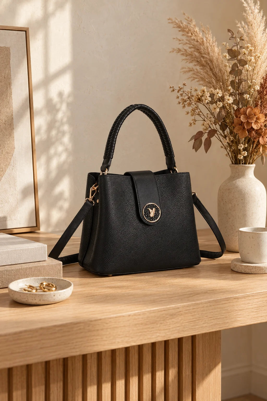 Sac à main Le Solvane posé sur une console avec livres et fleurs séchées – visuel d’ambiance créé avec l’IA – Gallantry Paris