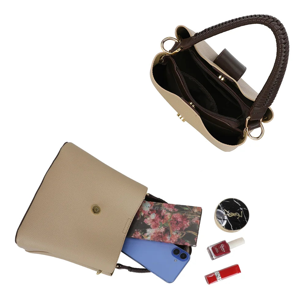 Intérieur du Le Solvane taupe/coffee : compartiment central zippé et poches plaquées pour ranger l’essentiel