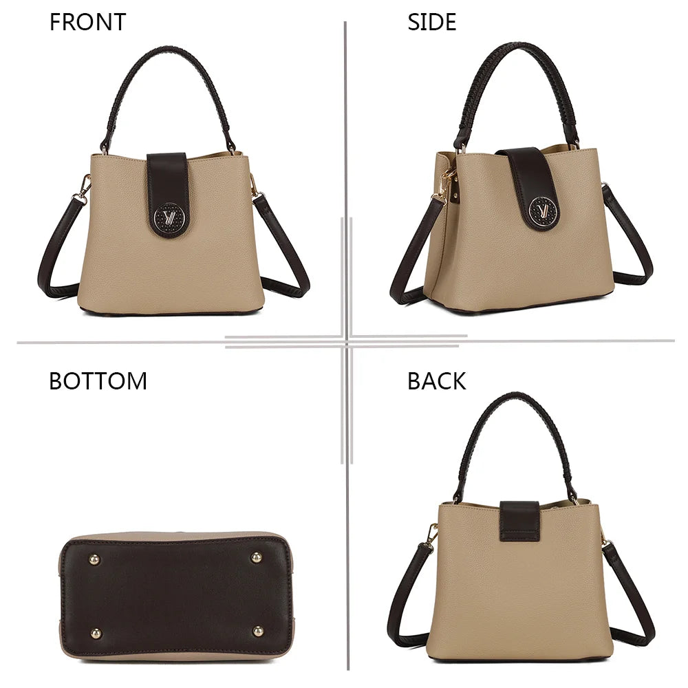Le Solvane taupe/coffee sous quatre angles : face, côté, dessous et dos de ce sac à main à anse tressée