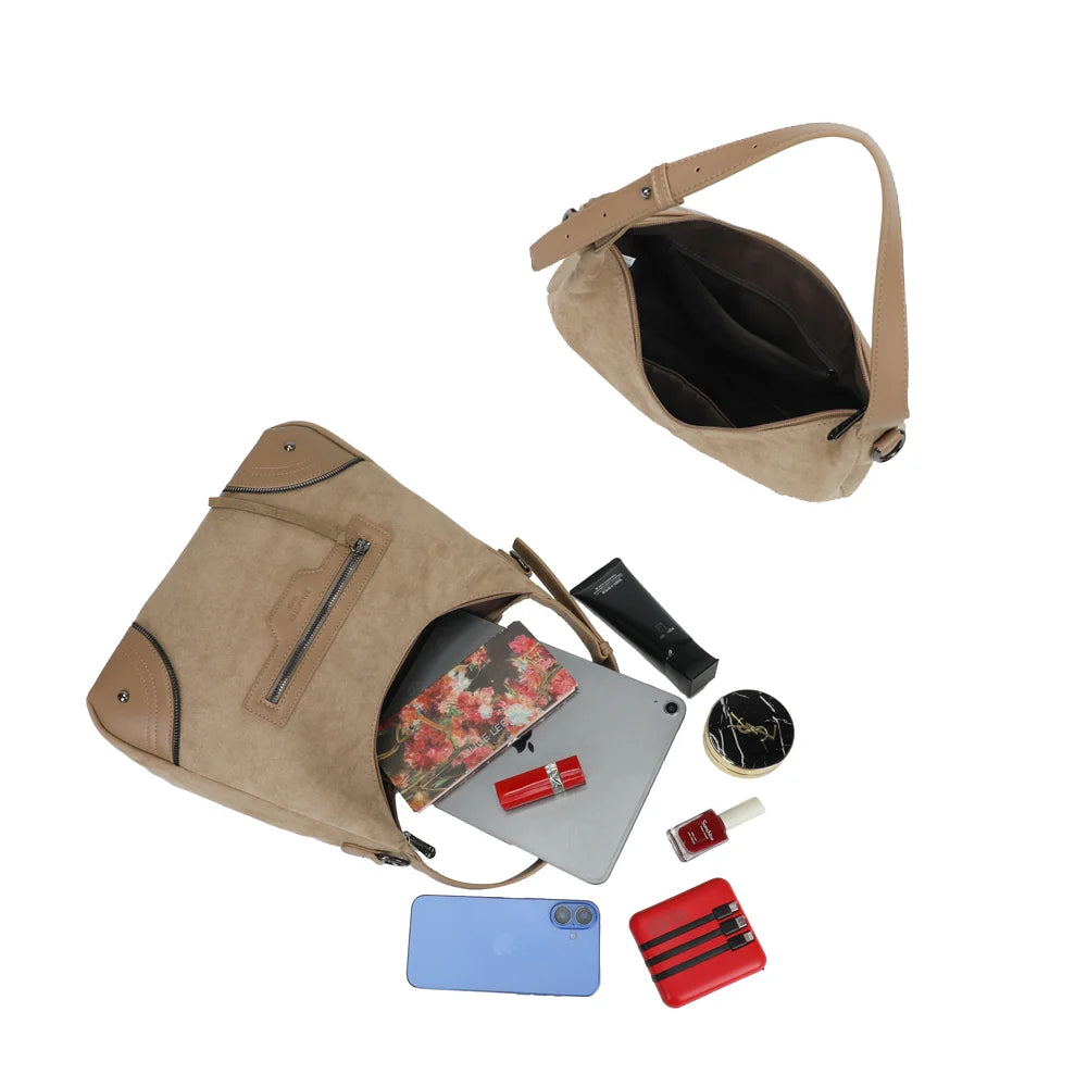Intérieur zippé du Songe taupe foncé : plusieurs poches, place pour une tablette, un téléphone et la trousse – réf. Z-83095