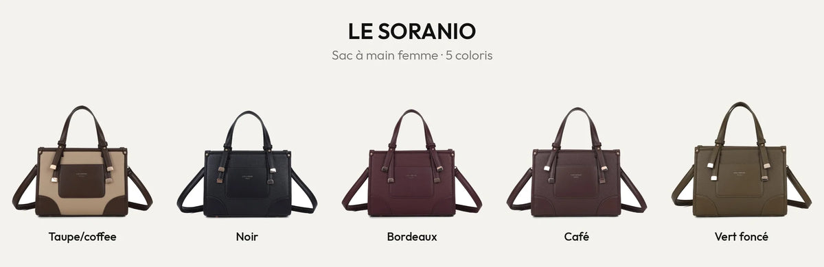 Sac à main femme Le Soranio en 5 coloris : Taupe/coffee, Noir, Bordeaux, Coffee et Vert Foncé – Gallantry Paris – réf. R-2082
