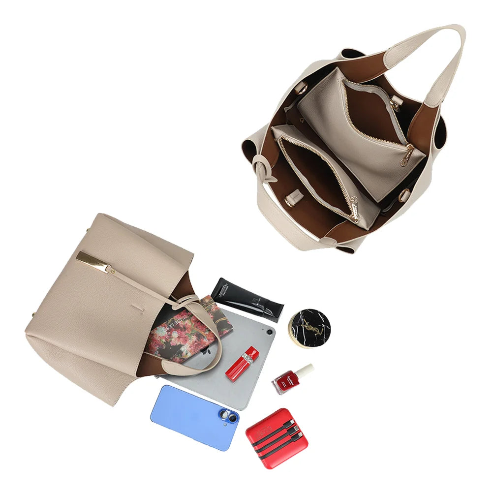 Intérieur du Le Soren beige : plusieurs compartiments zippés pour organiser tablette, téléphone et maquillage – réf. DG-5823-1