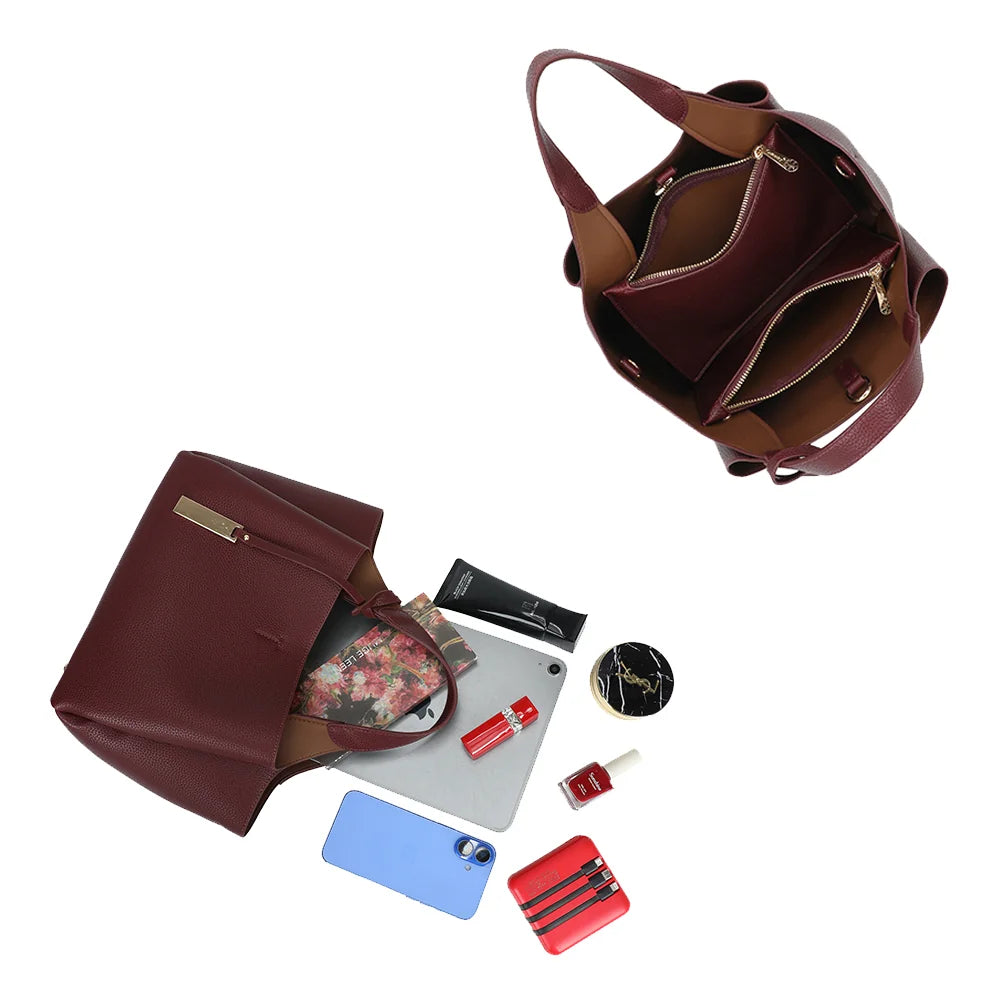 Intérieur du Le Soren bordeaux : plusieurs compartiments zippés pour organiser tablette, téléphone et maquillage – réf. DG-5823-1