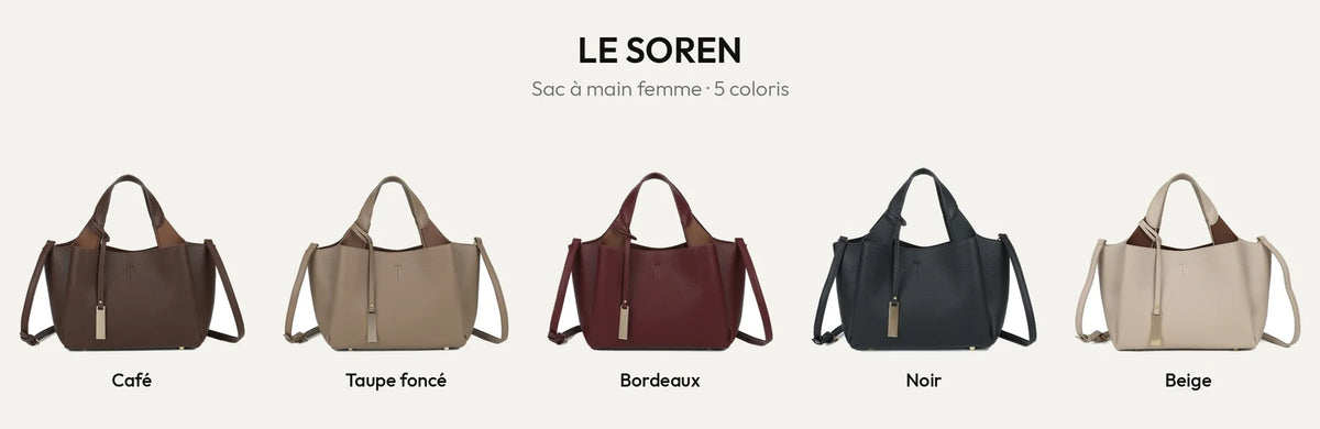Le Soren, sac à main femme en simili cuir grainé, en 5 coloris : Coffee, D.TAUPE, Bordeaux, Noir et Beige – Gallantry Paris – réf. DG-5823-1