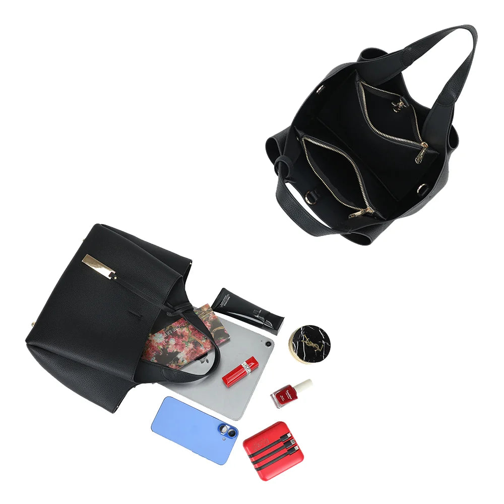 Intérieur du Le Soren noir : plusieurs compartiments zippés pour organiser tablette, téléphone et maquillage – réf. DG-5823-1