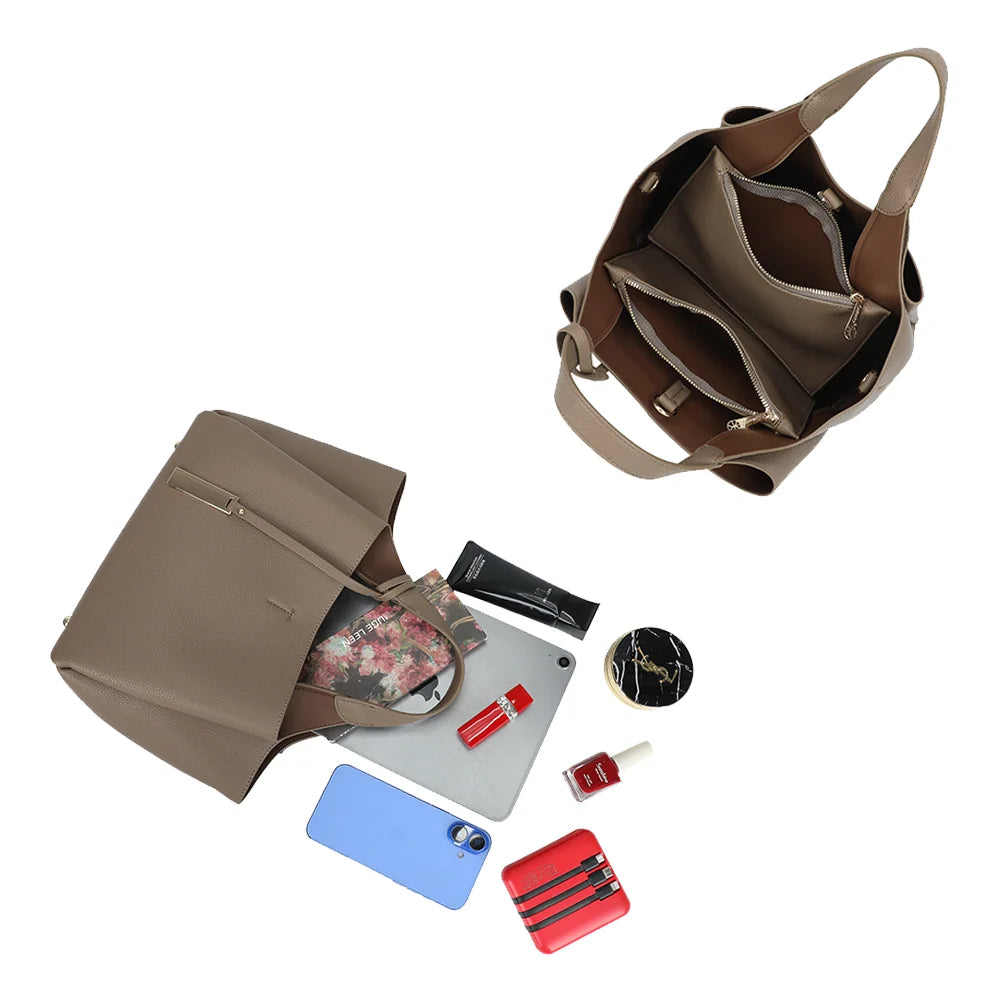 Intérieur du Le Soren taupe foncé : plusieurs compartiments zippés pour organiser tablette, téléphone et maquillage – réf. DG-5823-1