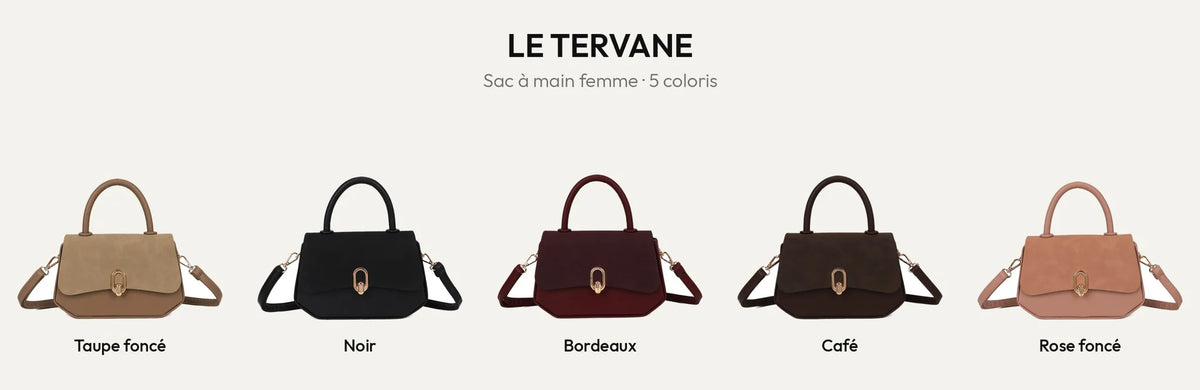 Le Tervane, petit sac à main femme à rabat, en taupe foncé, noir, bordeaux, coffee et rose foncé – Gallantry Paris – réf. C-0185