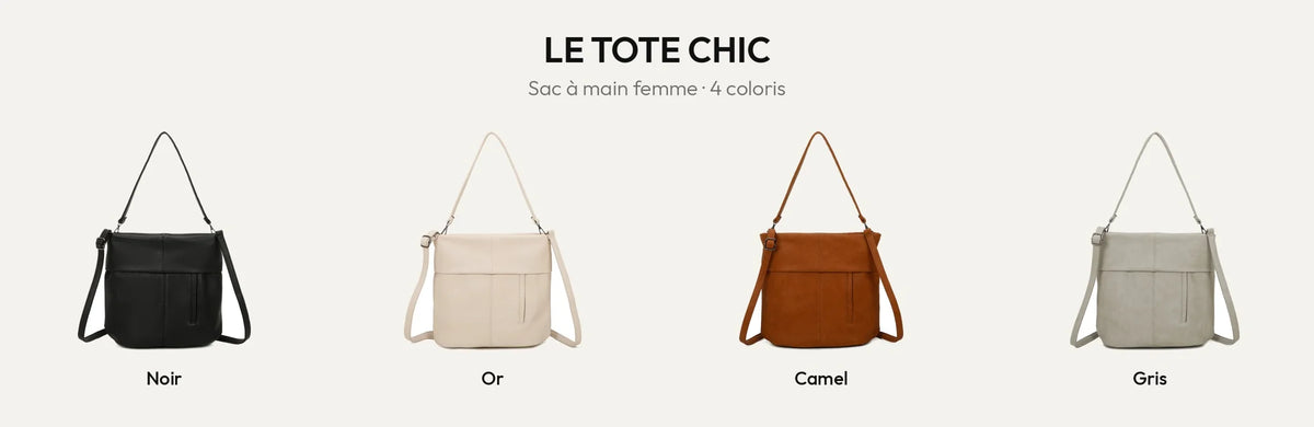 Le Tote Chic, sac à main femme en simili cuir grainé, en noir, or, camel et gris – Gallantry Paris – réf. KJ-62035