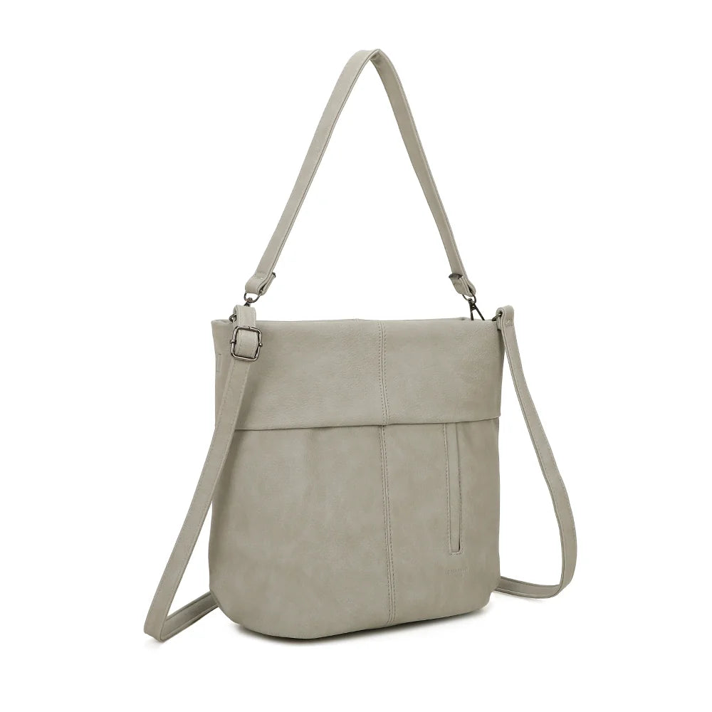 Le Tote Chic gris vu de trois quarts : silhouette arrondie, anse d’épaule et bandoulière réglable – réf. KJ-62035