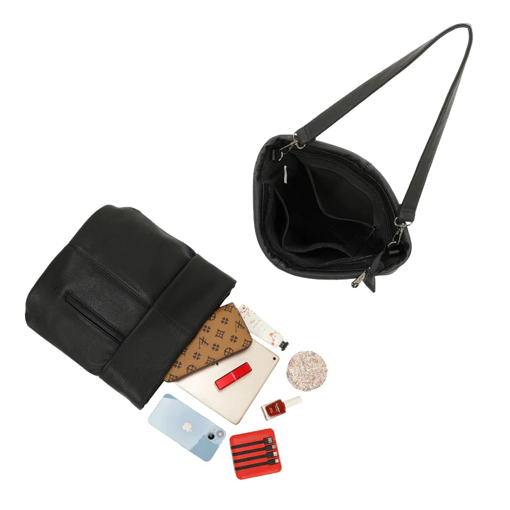 Intérieur du Tote Chic noir : fermeture zippée, poches plaquées et place pour les essentiels – réf. KJ-62035