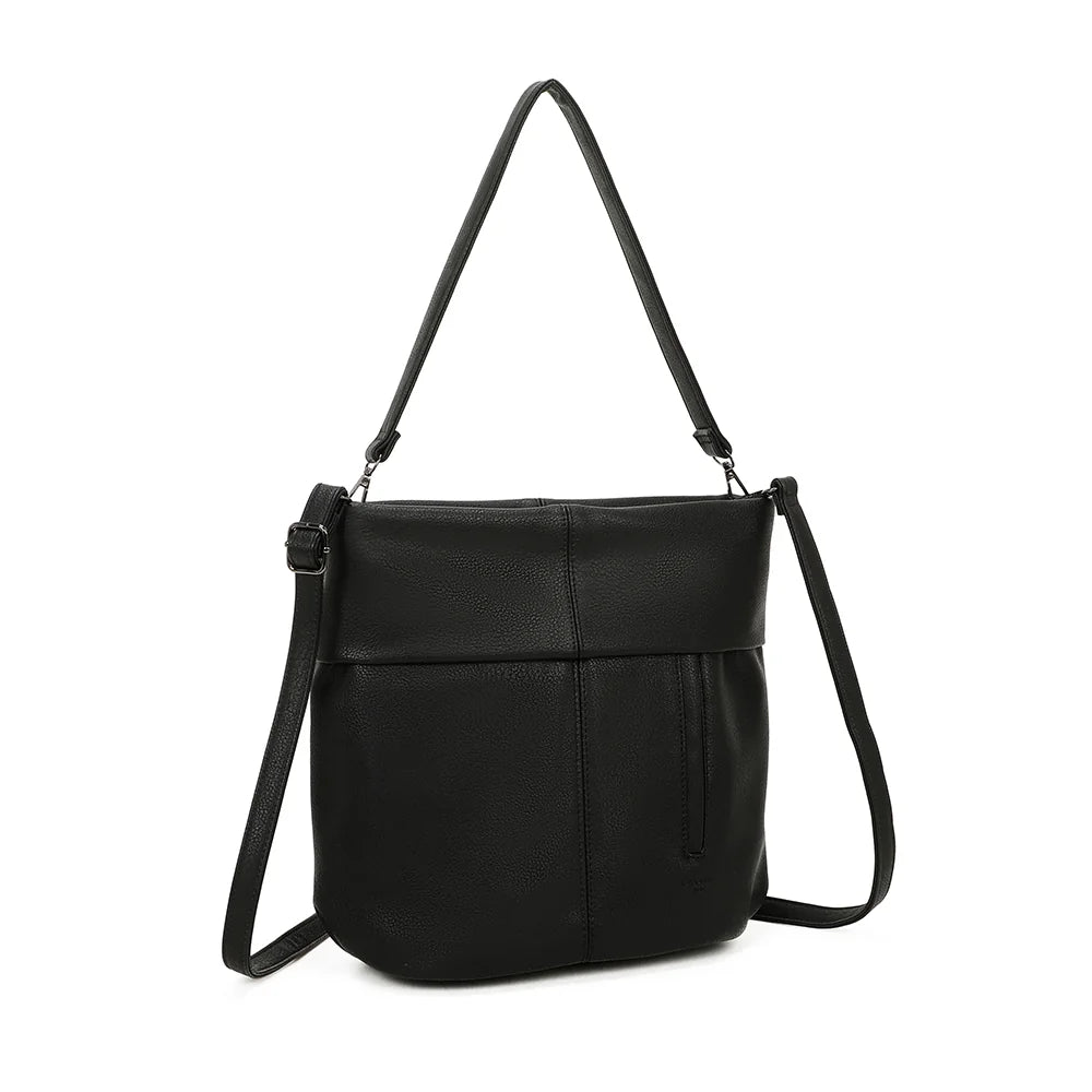 Le Tote Chic noir vu de trois quarts : silhouette arrondie, anse d’épaule et bandoulière réglable – réf. KJ-62035