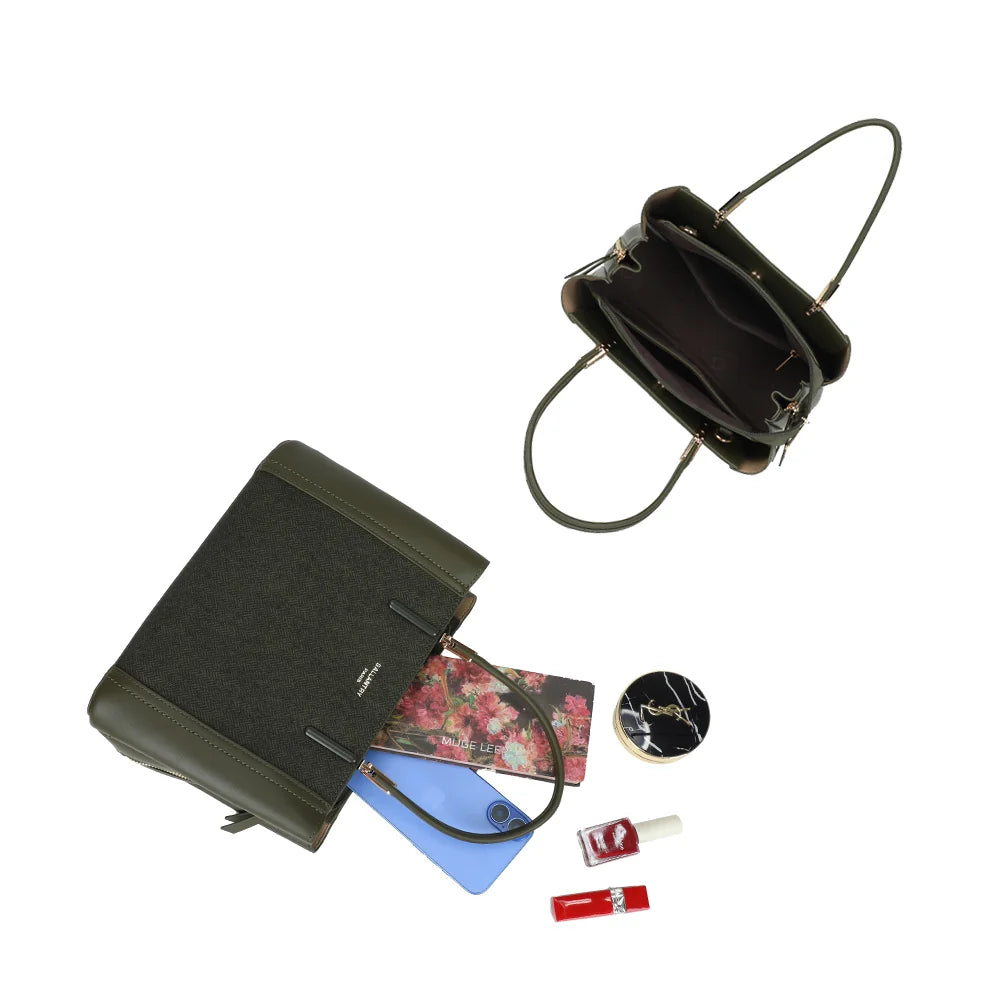 Intérieur du Valdora vert foncé organisé en plusieurs compartiments pour téléphone et essentiels – réf. G-7513