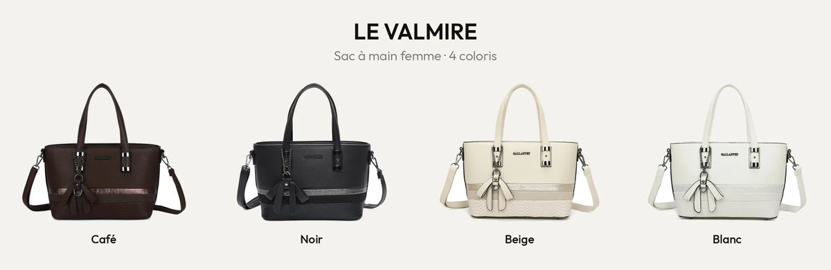 Sac à main femme Le Valmire en simili cuir grainé, coloris Coffee, Noir, Beige et Blanc – Gallantry Paris – réf. M-9329-26