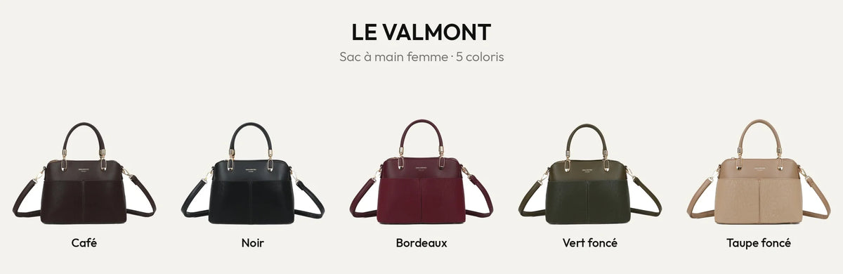 Le Valmont, sac à main femme, en cinq coloris : Coffee, Noir, Bordeaux, Vert Foncé et D.TAUPE – Gallantry Paris – réf. A-9177
