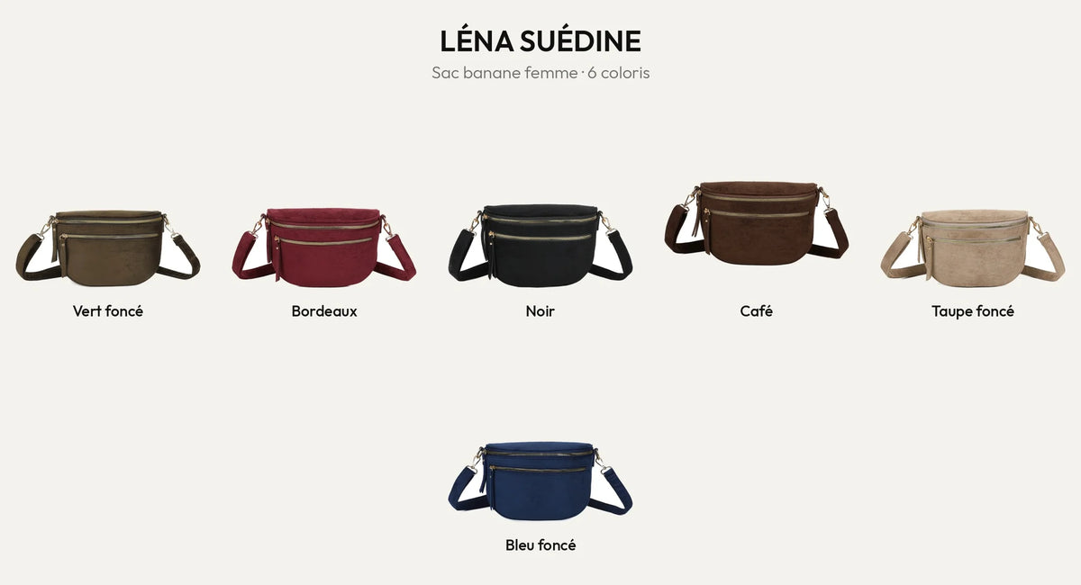 Sac banane Léna Suédine en six coloris : vert foncé, bordeaux, noir, coffee, taupe foncé et bleu foncé – Gallantry Paris – réf. Z-83051-9
