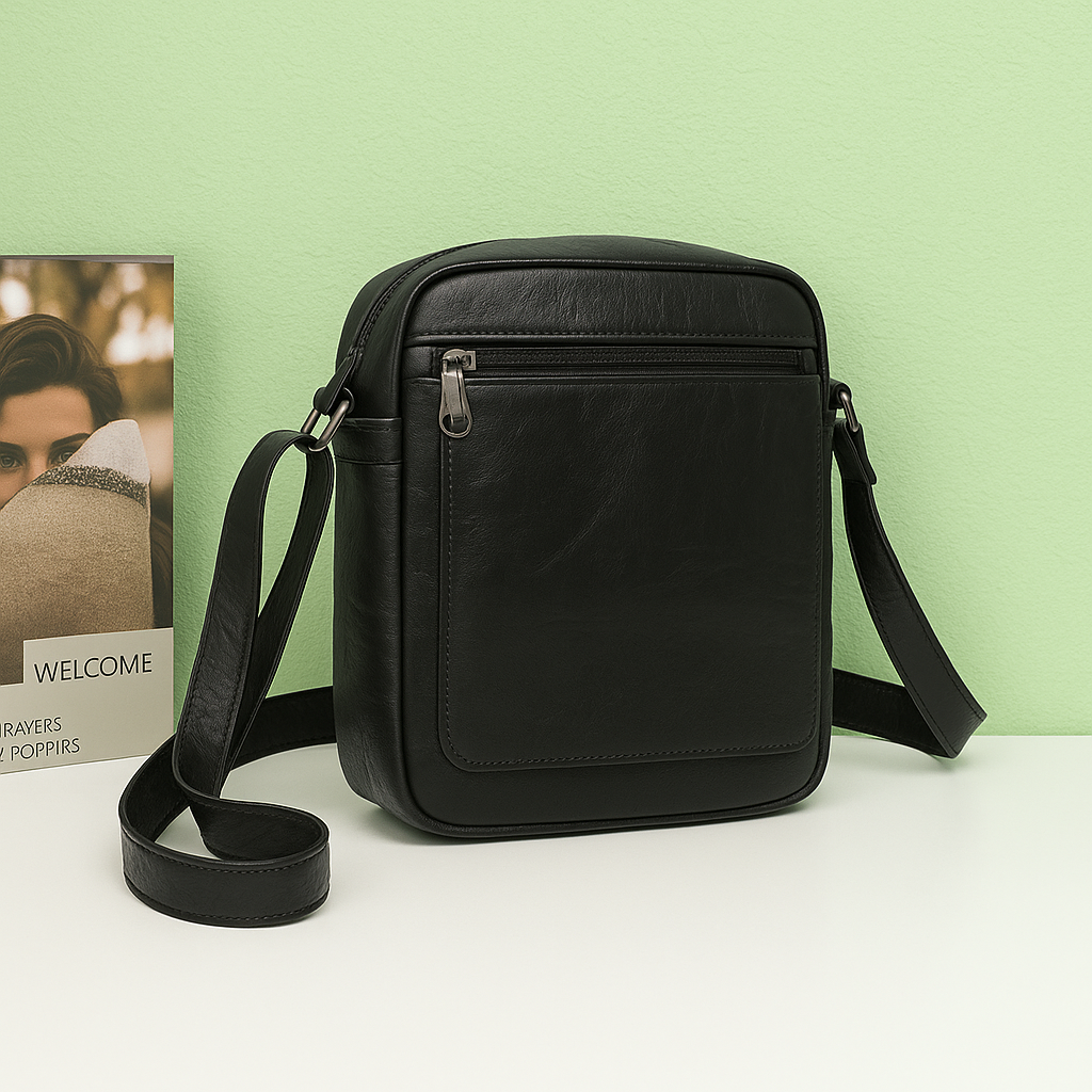Sac bandoulière Leno noir en simili cuir texturé mis en scène dans un décor – visuel d’ambiance créé avec l’IA – Gallantry Paris