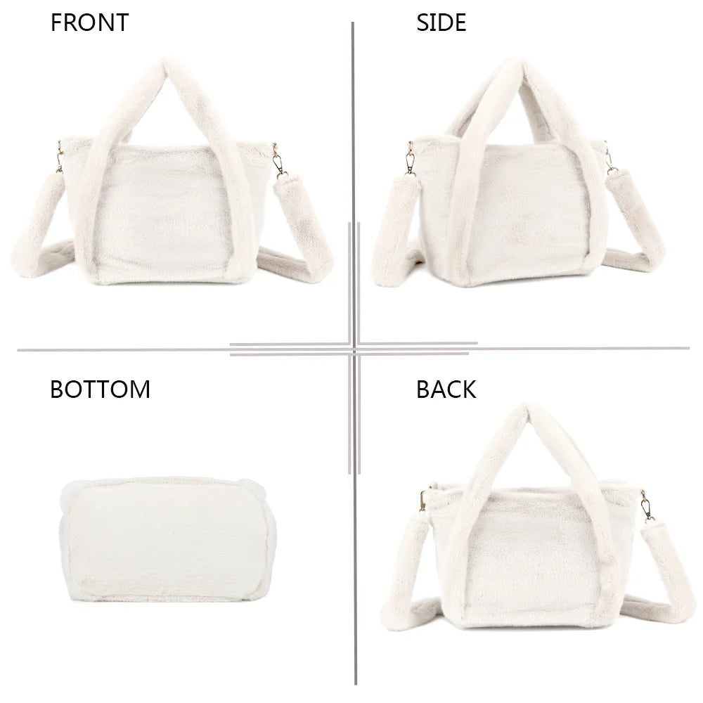 Léona Douceur beige sous quatre angles : face, côté, dessous et dos du cabas en fourrure synthétique