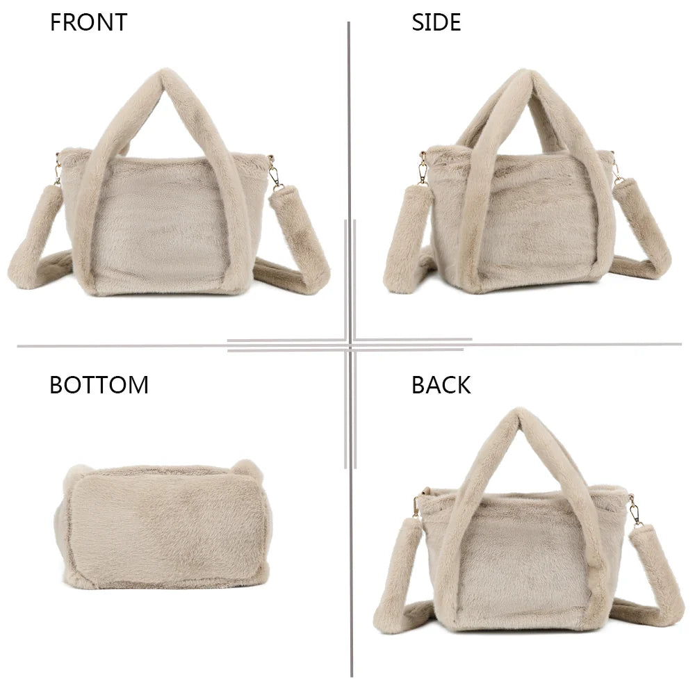 Léona Douceur taupe sous quatre angles : face, côté, dessous et dos du cabas en fourrure synthétique