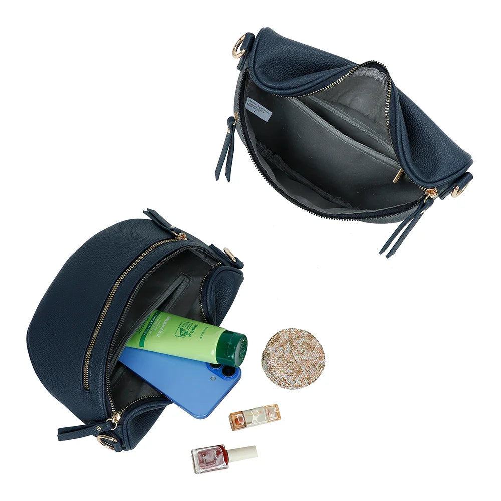 Intérieur du Léonie bleu foncé : compartiment principal zippé avec poche intérieure, téléphone et maquillage – réf. Z-83051-8