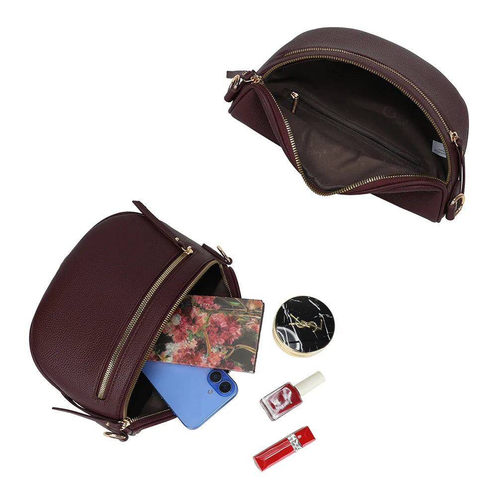 Intérieur du Léonie bordeaux : compartiment principal zippé avec poche intérieure, téléphone et maquillage – réf. Z-83051-8