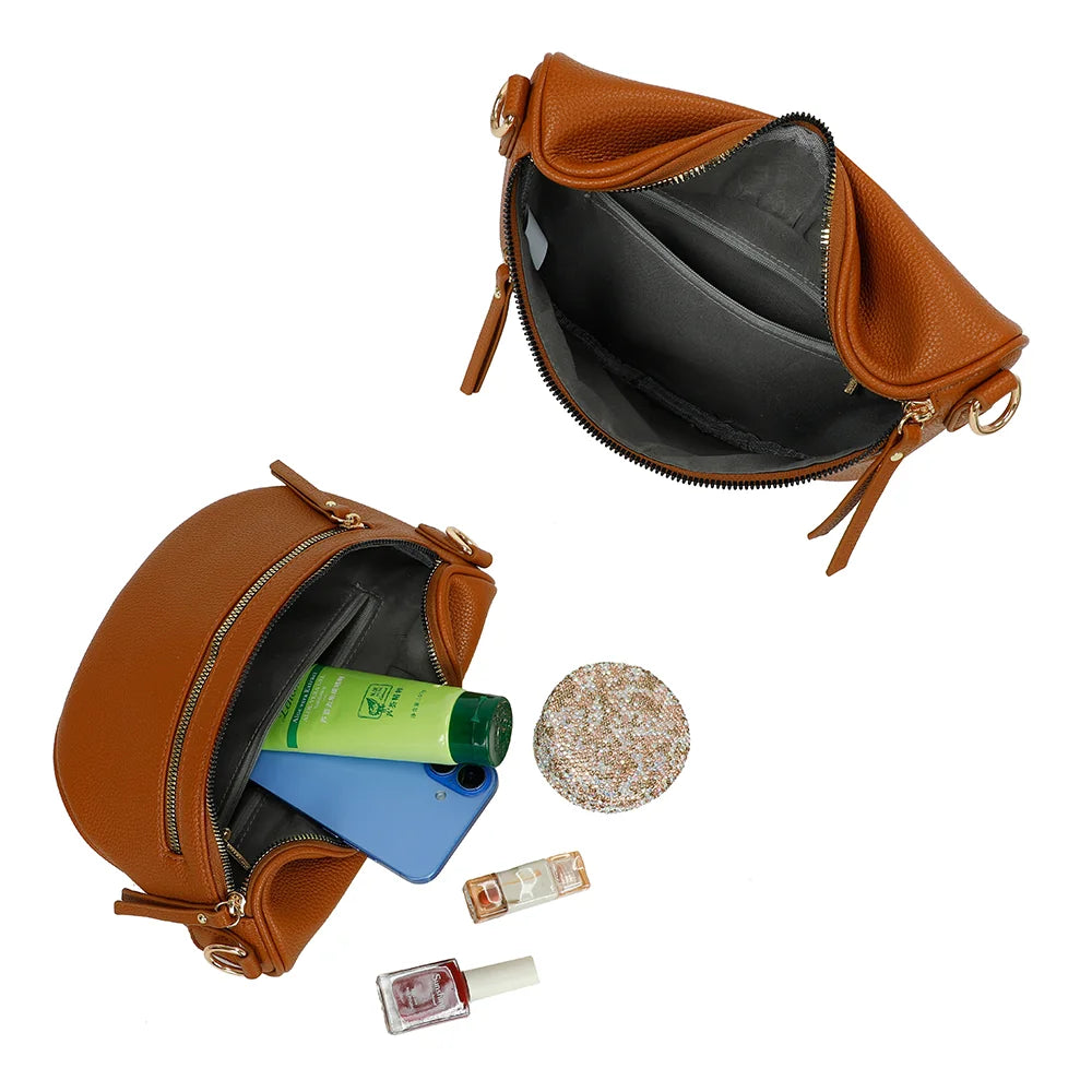 Intérieur du Léonie marron : compartiment principal zippé avec poche intérieure, téléphone et maquillage – réf. Z-83051-8
