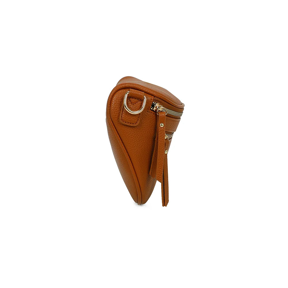 Profil du sac banane Léonie marron : 10 cm de profondeur et anneau doré pour la bandoulière – réf. Z-83051-8