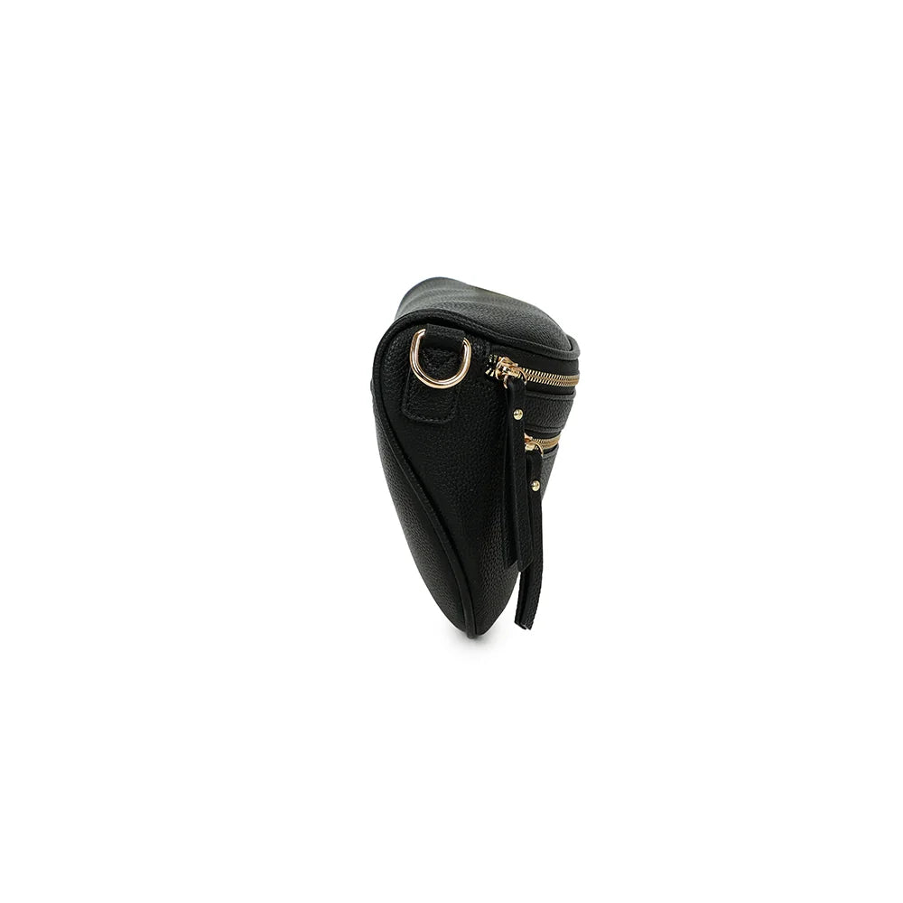 Profil du sac banane Léonie noir : 10 cm de profondeur et anneau doré pour la bandoulière – réf. Z-83051-8