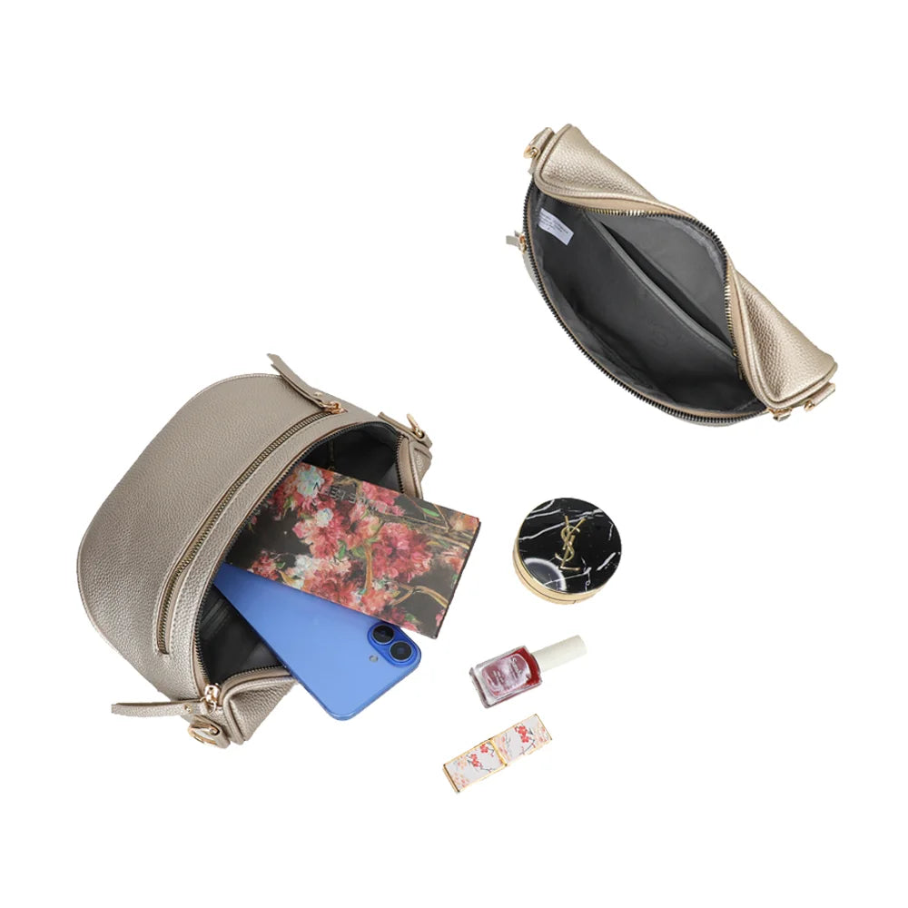 Intérieur du Léonie or : compartiment principal zippé avec poche intérieure, téléphone et maquillage – réf. Z-83051-8