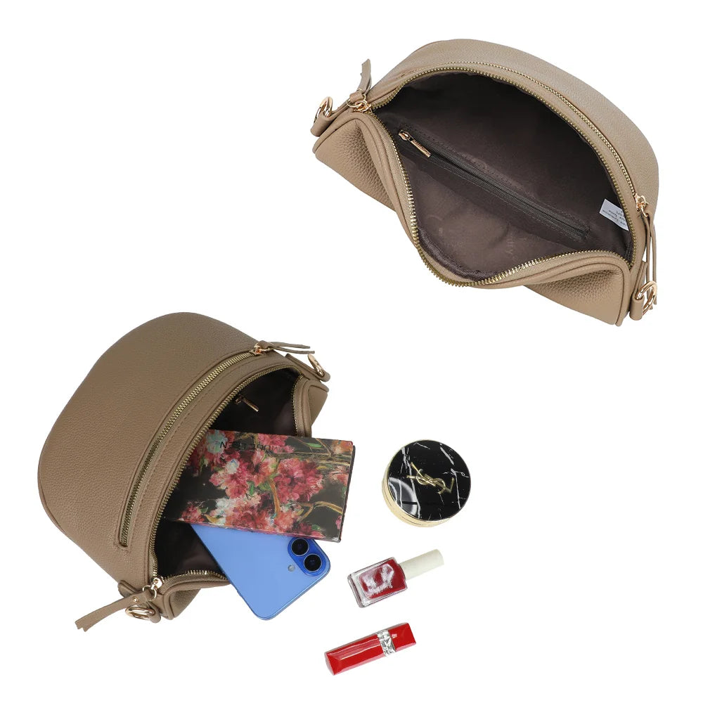 Intérieur du Léonie taupe foncé : compartiment principal zippé avec poche intérieure, téléphone et maquillage – réf. Z-83051-8