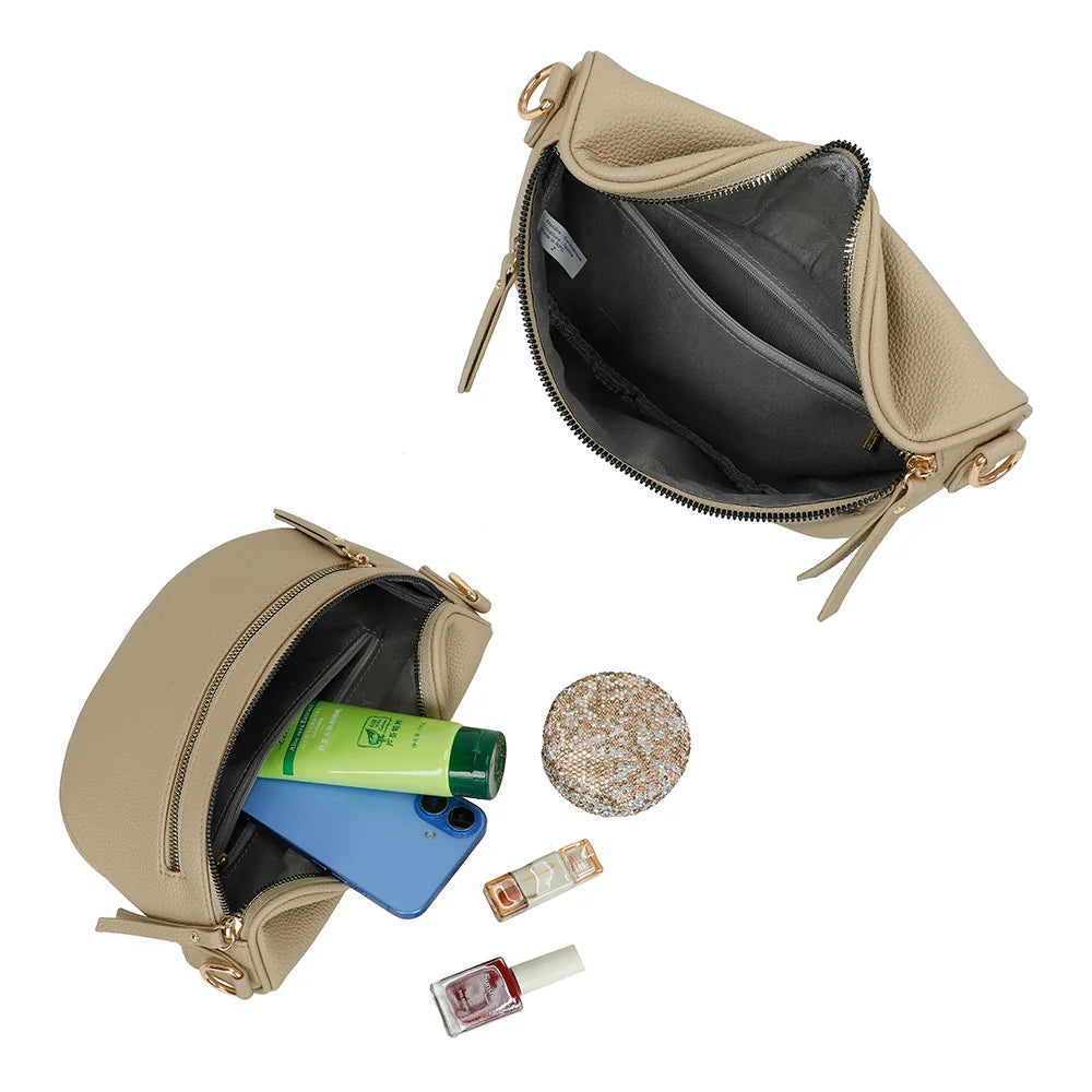 Intérieur du Léonie taupe : compartiment principal zippé avec poche intérieure, téléphone et maquillage – réf. Z-83051-8
