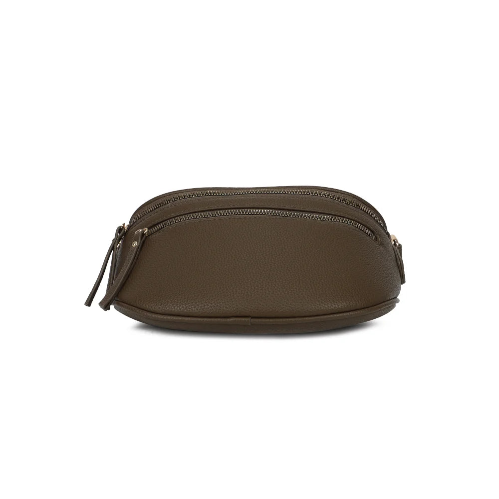 Dessous arrondi du Léonie vert foncé en simili cuir grainé, vu depuis la base de ce format compact – réf. Z-83051-8